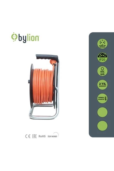 Bylıon Makaralı Uzatma Kablosu 3*1.5mm² 20 Mt. Turuncu Kablo - Işıklı - 2