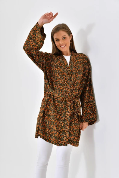 Turuncu Çiçekli Viskon Kimono - Siyah - 2
