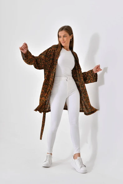 Turuncu Çiçekli Viskon Kimono - Siyah - 6