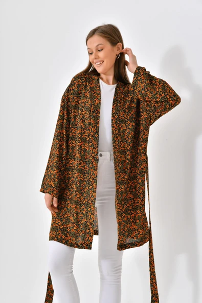 Turuncu Çiçekli Viskon Kimono - Siyah - 3