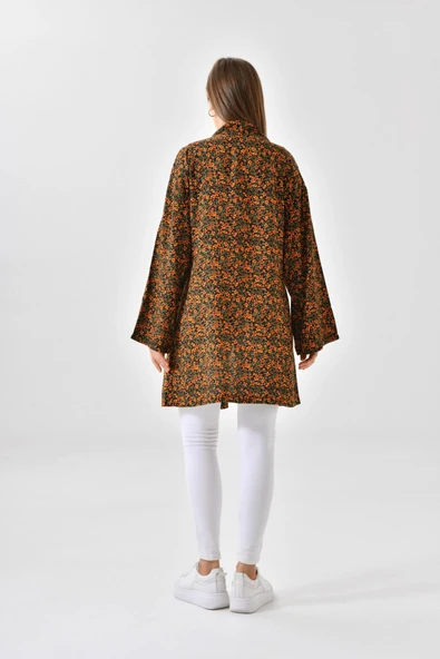 Turuncu Çiçekli Viskon Kimono - Siyah - 7