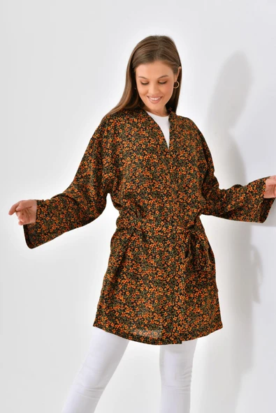 Turuncu Çiçekli Viskon Kimono - Siyah - 5