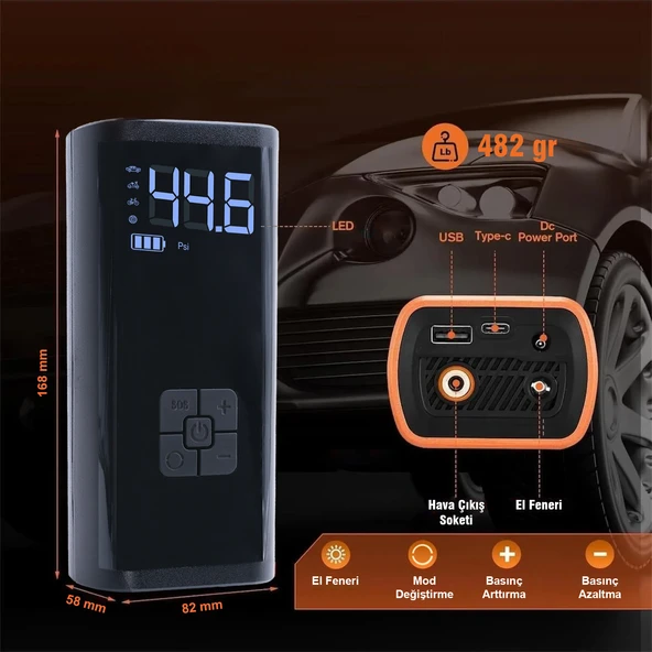 Dijital Ekranlı 2000 mAh Şarjlı Taşınabilir Oto Hava Kompresörü 4 Başlıklı Araç Lastik Top Şişirme Pompası - 3