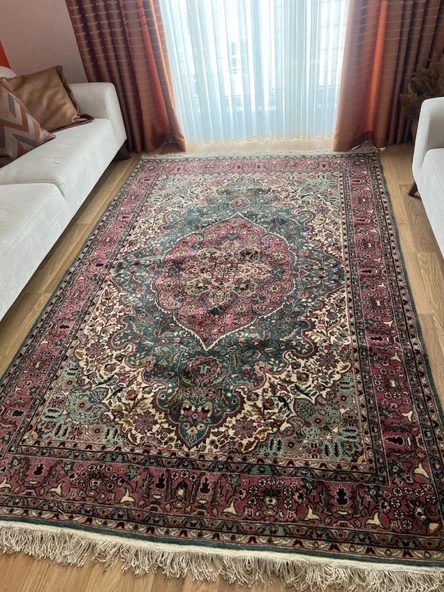 181x274 cm Büyük Boy Yeşil & Pembe Renk El Dokuma Halı, Harika Çiçek Desenli Büyük Boy Salon Halısı - 5