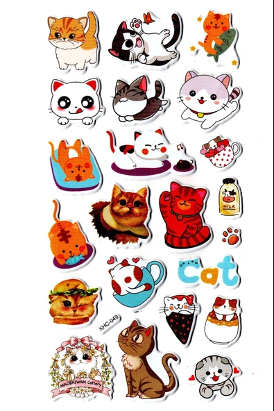 Sticker Kabartmalı Stiker Çıkartma Etiket (XHC049)-18x9 cm- Sevimli Kedi