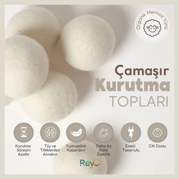 Reyo Çamaşır Yün Kurutma Topu Doğal Yumuşatıcı, Kurutma Makinesi Için Büyük 6 Adet Yün Top Bez Çantalı - 4