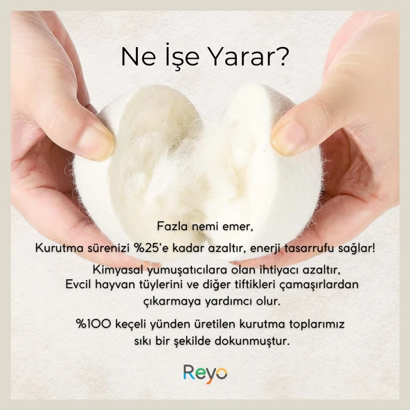Reyo Yün Çamaşır Kurutma Makinası Topu 3 Adet XL %100 Organik - 3