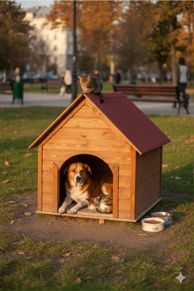 Reyo Pet Suya Soğuğa Dayanıklı Lüks Büyük Boy Ahşap Köpek Kulubesi Sokak Köpek Evi Kırmızı Çatılı 100x100x78 cm Ceviz ürün görseli 1