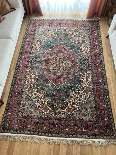 181x274 cm Büyük Boy Yeşil & Pembe Renk El Dokuma Halı, Harika Çiçek Desenli Büyük Boy Salon Halısı