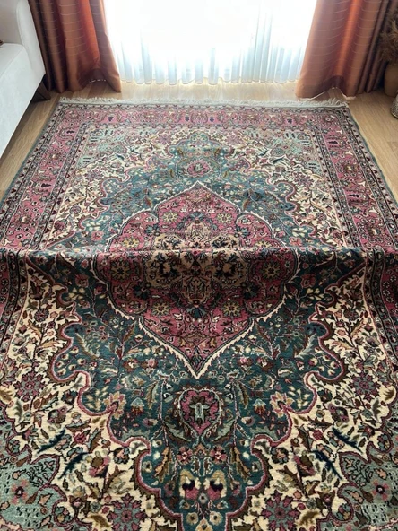 181x274 cm Büyük Boy Yeşil & Pembe Renk El Dokuma Halı, Harika Çiçek Desenli Büyük Boy Salon Halısı - 8