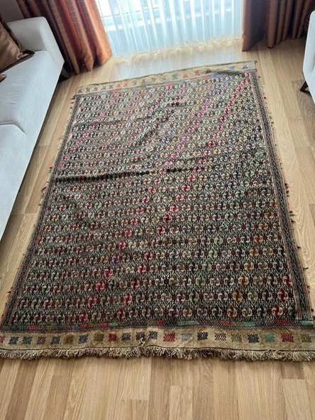 162x235 cm Büyük Boy Türk Halısı, Yıkanabilir Renkli El Dokuma Nostaljik Kilim, Canlı Renkler Şık Ev Dekoru