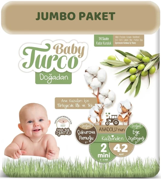 Baby Turco Bebek Bezi Doğadan Beden:2 (3-6KG) Mini (Göbek Bağı Oyuntulu) 42 Adet Jumbo Pk