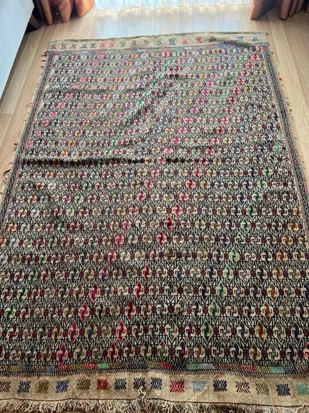 162x235 cm Büyük Boy Türk Halısı, Yıkanabilir Renkli El Dokuma Nostaljik Kilim, Canlı Renkler Şık Ev Dekoru - 10