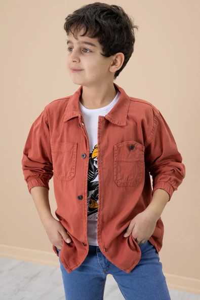 Kiremit Gömlek ve Baskılı Tişörtlü Erkek Çocuk 2li Takım 19988 - 2