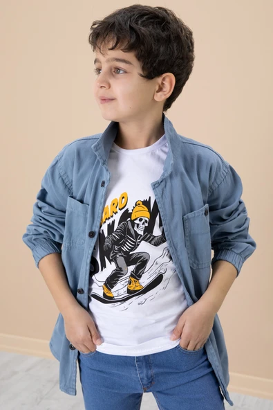 Mavi Gömlek ve Baskılı Tişörtlü Erkek Çocuk 2li Takım 19991 - 2