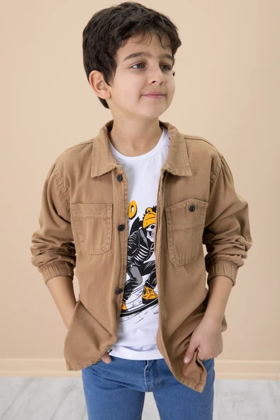 Kahve Gömlek ve Baskılı Tişörtlü Erkek Çocuk 2li Takım 19990 - 5