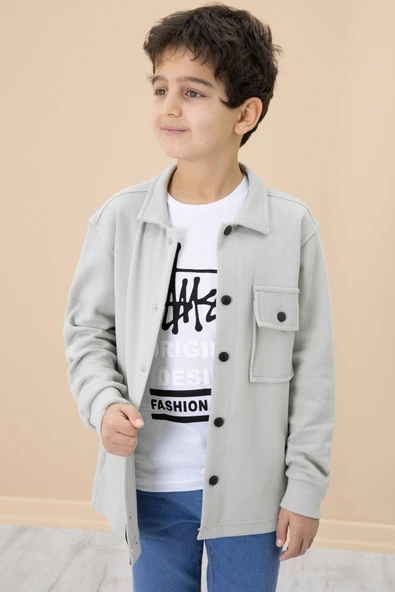 Gri Yazı Baskılı Tişörtlü Gömlekli Erkek Çocuk Takım 20008