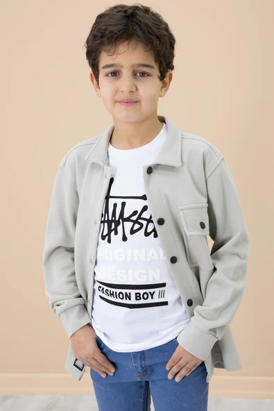Gri Yazı Baskılı Tişörtlü Gömlekli Erkek Çocuk Takım 20008 - 2