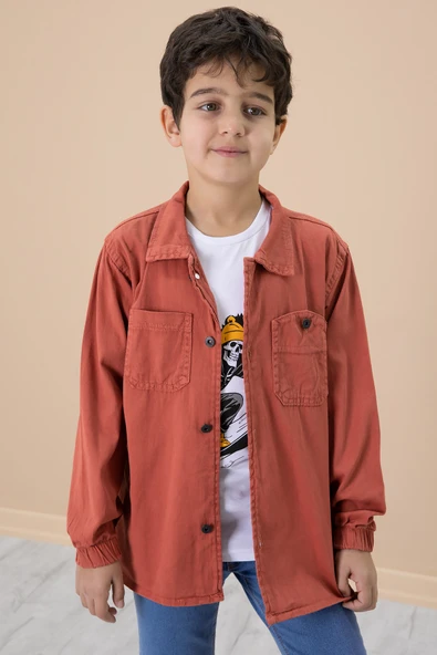 Kiremit Gömlek ve Baskılı Tişörtlü Erkek Çocuk 2li Takım 19988