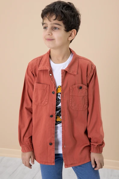 Kiremit Gömlek ve Baskılı Tişörtlü Erkek Çocuk 2li Takım 19988 - 4