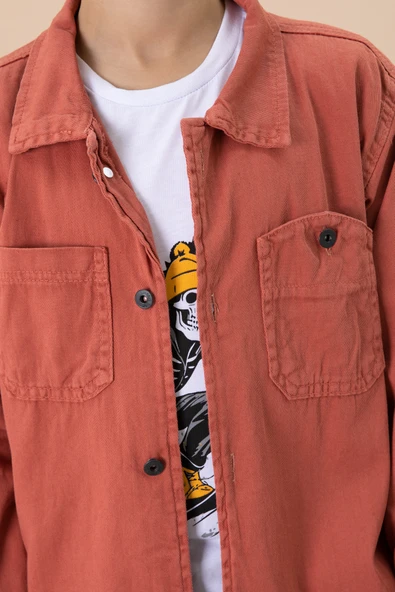 Kiremit Gömlek ve Baskılı Tişörtlü Erkek Çocuk 2li Takım 19988 - 3