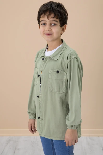 Yeşil Gömlek ve Baskılı Tişörtlü Erkek Çocuk 2li Takım 19989 - 3