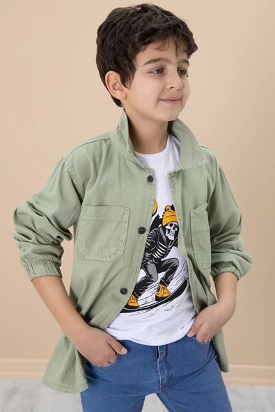 Yeşil Gömlek ve Baskılı Tişörtlü Erkek Çocuk 2li Takım 19989 - 2