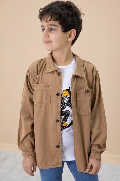 Kahve Gömlek ve Baskılı Tişörtlü Erkek Çocuk 2li Takım 19990 - 4