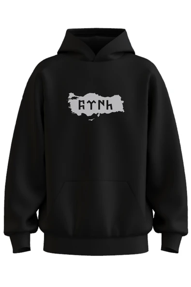 Oversize 'TÜRK' Baskılı Kapşonlu Hoodie Sweatshirt