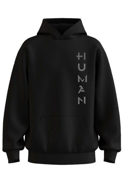 Oversize 'Human' Baskılı Kapşonlu Hoodie Sweatshirt