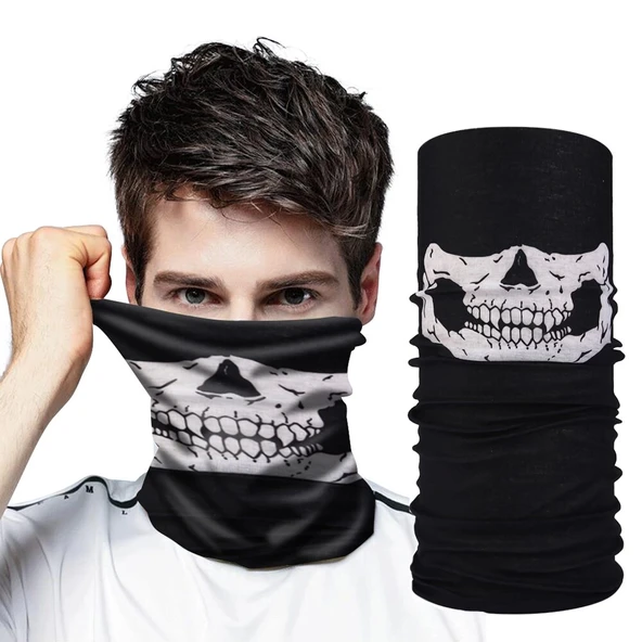 Siyah Renk Dikişsiz Çok Fonksiyonlu Çene Kafatası Yüz Maskesi Baf Buff Bandana Boyunluk Bileklik - 5