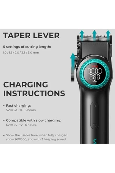 001 Profesyonel Berberler Için Karbon Çelik Bıçak Saç Kesme Makinesi 9000rpm, Led Ekran - 2
