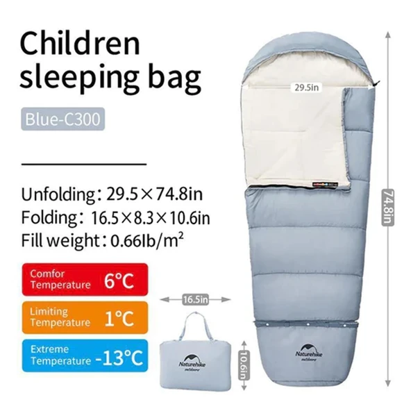 Naturehike C300 UltraLight Pamuklu Uyku Tulumu -13°C ( Çocuk )  MAVİ Right