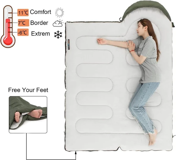 Naturehike Y150L Zarf Tarzı Kapüşonlu Pamuklu Uyku Tulumu -6°C  YEŞİL Right - Resim 10