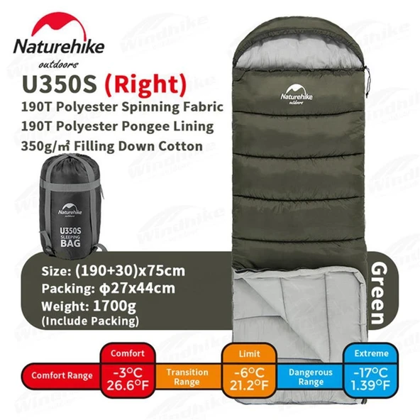 Naturehike U350S Zarf Tarzı Kapüşonlu Uyku Tulumu -17°C  HAKİ Right