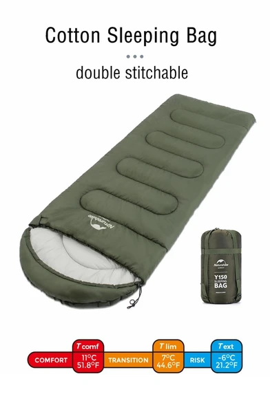 Naturehike Y150L Zarf Tarzı Kapüşonlu Pamuklu Uyku Tulumu -6°C  YEŞİL Right - Resim 11