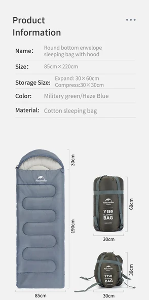 Naturehike Y150L Zarf Tarzı Kapüşonlu Pamuklu Uyku Tulumu -6°C MAVİ Right - 10