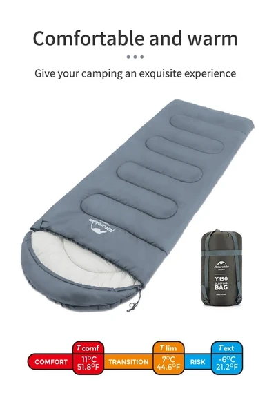 Naturehike Y150L Zarf Tarzı Kapüşonlu Pamuklu Uyku Tulumu -6°C  MAVİ Right
