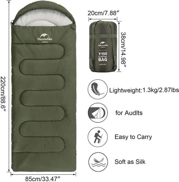 Naturehike Y150L Zarf Tarzı Kapüşonlu Pamuklu Uyku Tulumu -6°C  YEŞİL Left - 8
