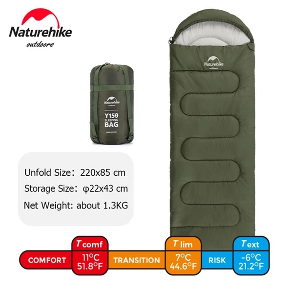Naturehike Y150L Zarf Tarzı Kapüşonlu Pamuklu Uyku Tulumu -6°C  YEŞİL Right