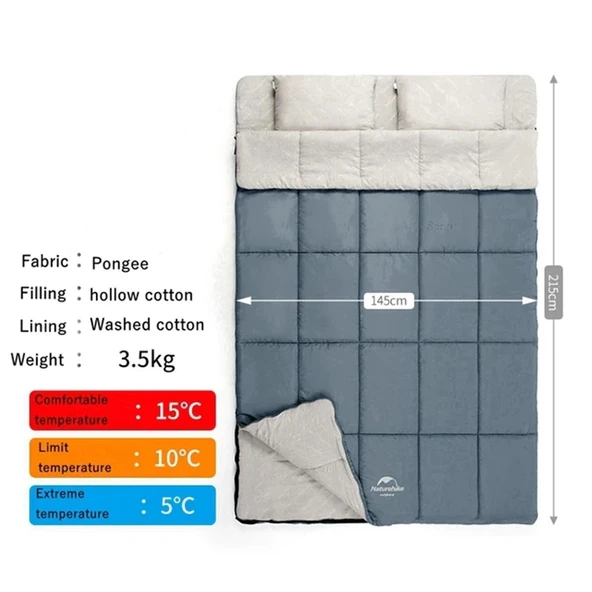 Naturehike HD250 Zarf Tarzı Yastıklı Çift Kişilik Pamuklu Uyku Tulumu  Shadow Blue - 6