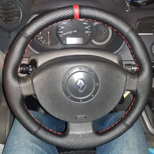 DİKİŞLİ DİREKSİYON KILIFI NOKTALI DERİ KARBON DERİ KIRMIZI YÜZÜK KIRMIZI DİKİŞLİ RENAULT MEGANE2 ürün görseli