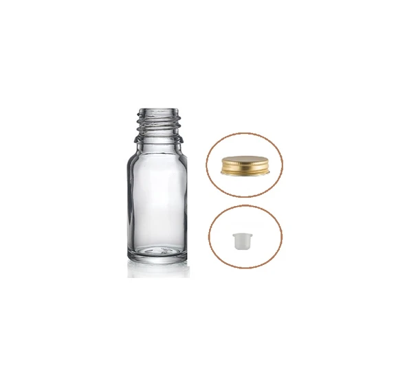10ml şeffaf şişe sarı metal düz kapaklı, 24 adet, cam şişe, esans şişesi, yağ şişesi, kozmetik şişesi