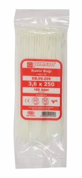 PEMSAN Klips Kablo Bağı 3.6x250 BEYAZ (100lü Paket) Kablo Cırdı - 2