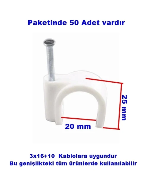 No:8 Beton (50li pk.) Çivili Kablo Tutturma Kroşe Beyaz Plastik