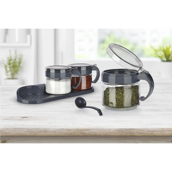 TİTİZ LİLY BAHARATLIK KAŞIKLI CAM 300ML 3 LÜ SET SİYAH - 2