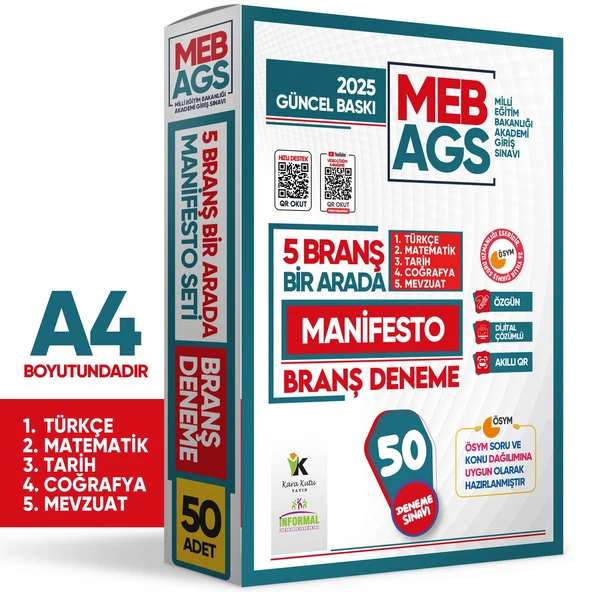 2025 MEB AGS TÜRKÇE-MATEMATİK-TARİH-COĞRAFYA-MEVZUAT Manifesto Branş Denemesi 5li Fasikül SETİ (5x10) Özgün Dijital Çözümlü