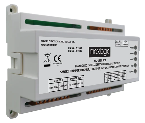 Maxlogic ML-1356.SCI Akıllı Adresli Duman Damper Modülü, 1 Çıkışlı, 24V DC Kısa Devre İzolatörlü