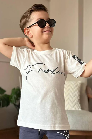 Erkek Çocuk Önü Fredoom Yazı Baskı Arkası Kartal Figürlü T-Shirt Siyah Eşofman Takım - 3