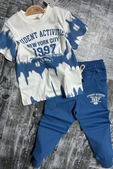 Erkek Çocuk New York City ve Yazı Baskılı T-Shirt Mavi Eşofman Takım - Resim 5
